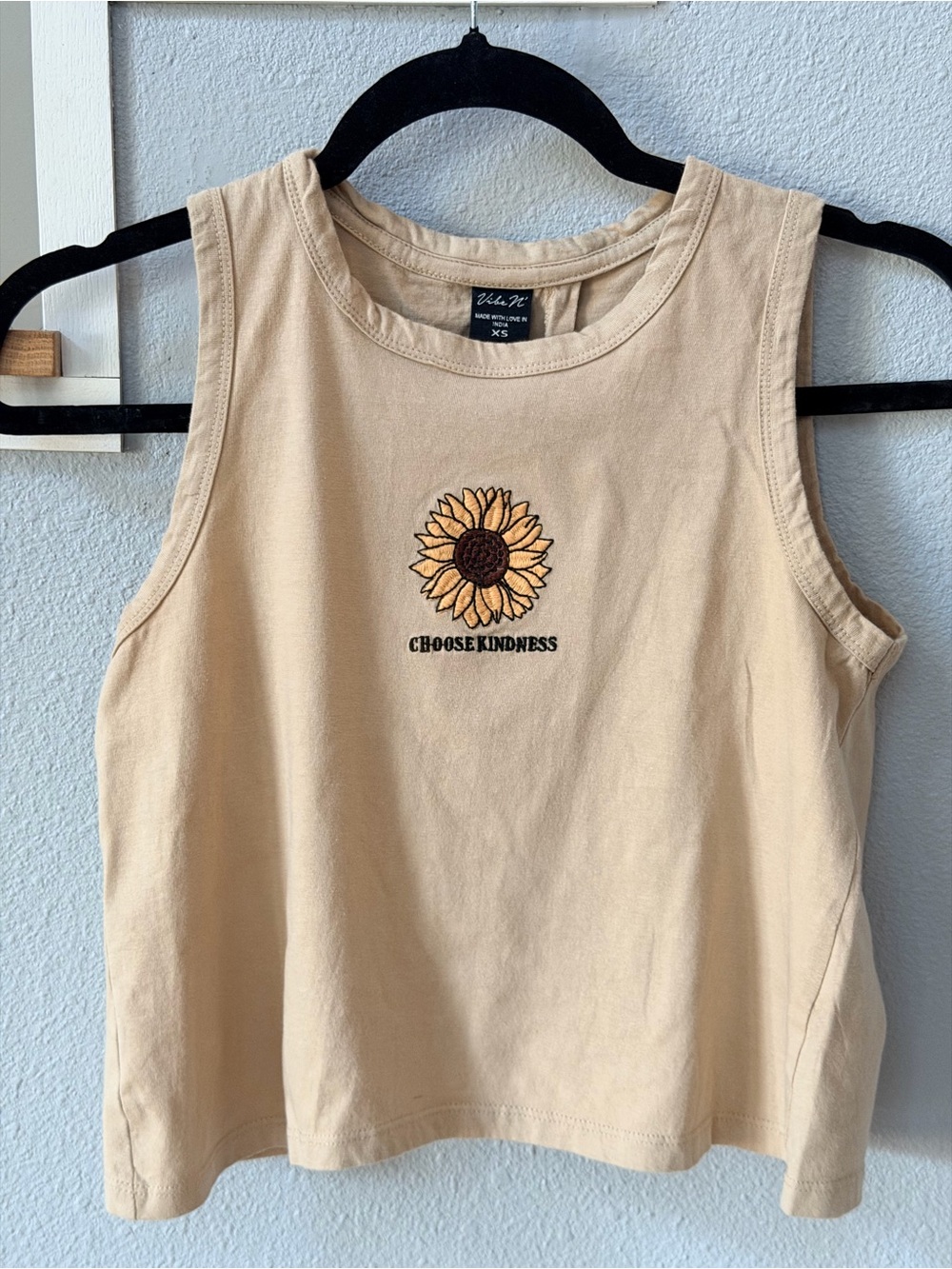 Vibe N’ "Choose Kindness" Sunflower Embroidered Crop Tank Top Tan XS